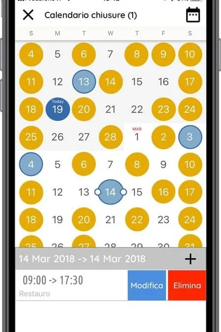 Schermata di esempio dell'app okTicket che mostra la funzione di consultazione agenda, con la possibilit&agrave; di bloccare alcune giornate e fasce orarie con le chiusure