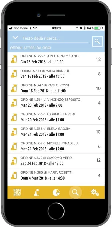 Schermata di esempio dell'app okTicket che mostra la funzione di ricerca rapida degli ordini
